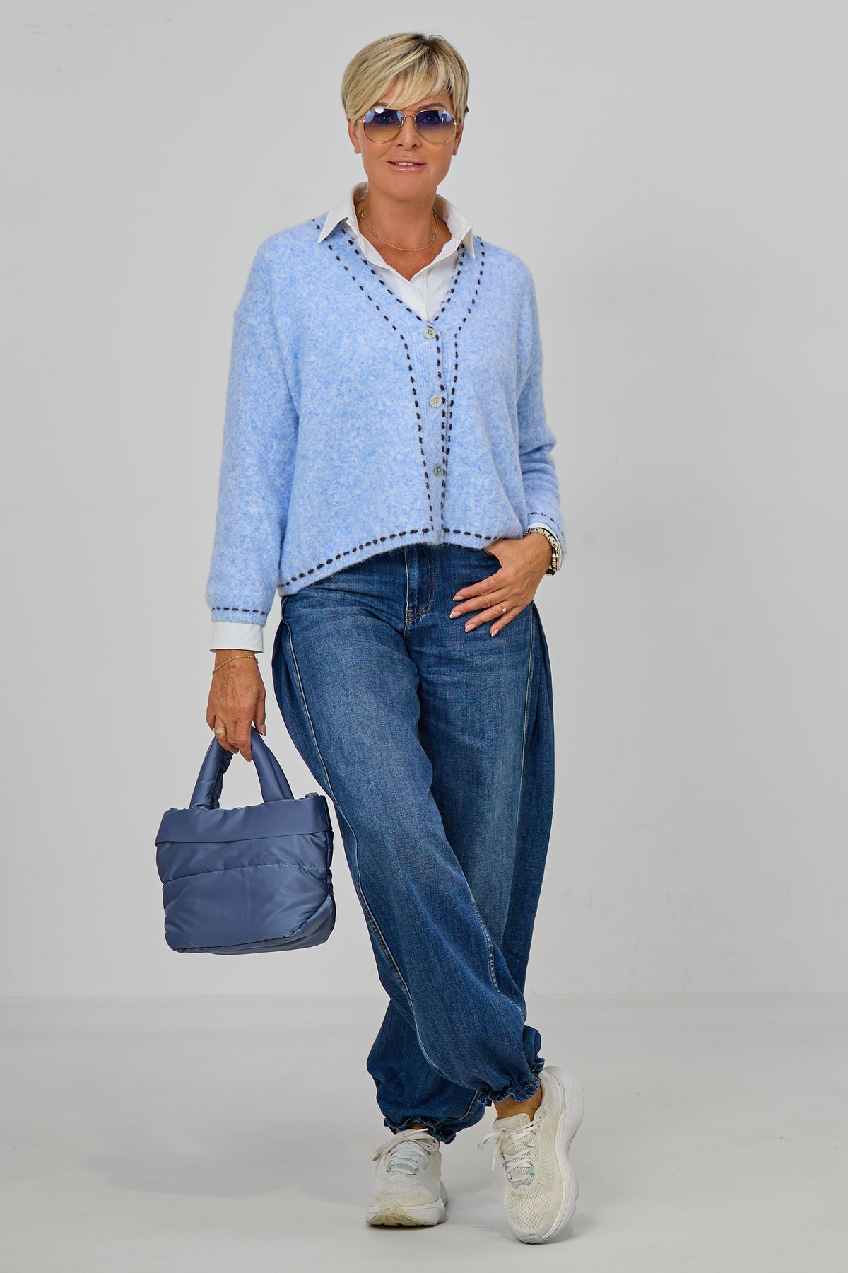 Cardigan mit Zierfaden, hellblau meliert
