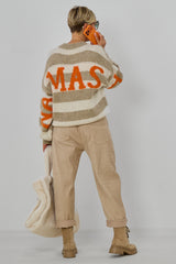 Gestreifter Strickpulli Namaste, taupe-beige