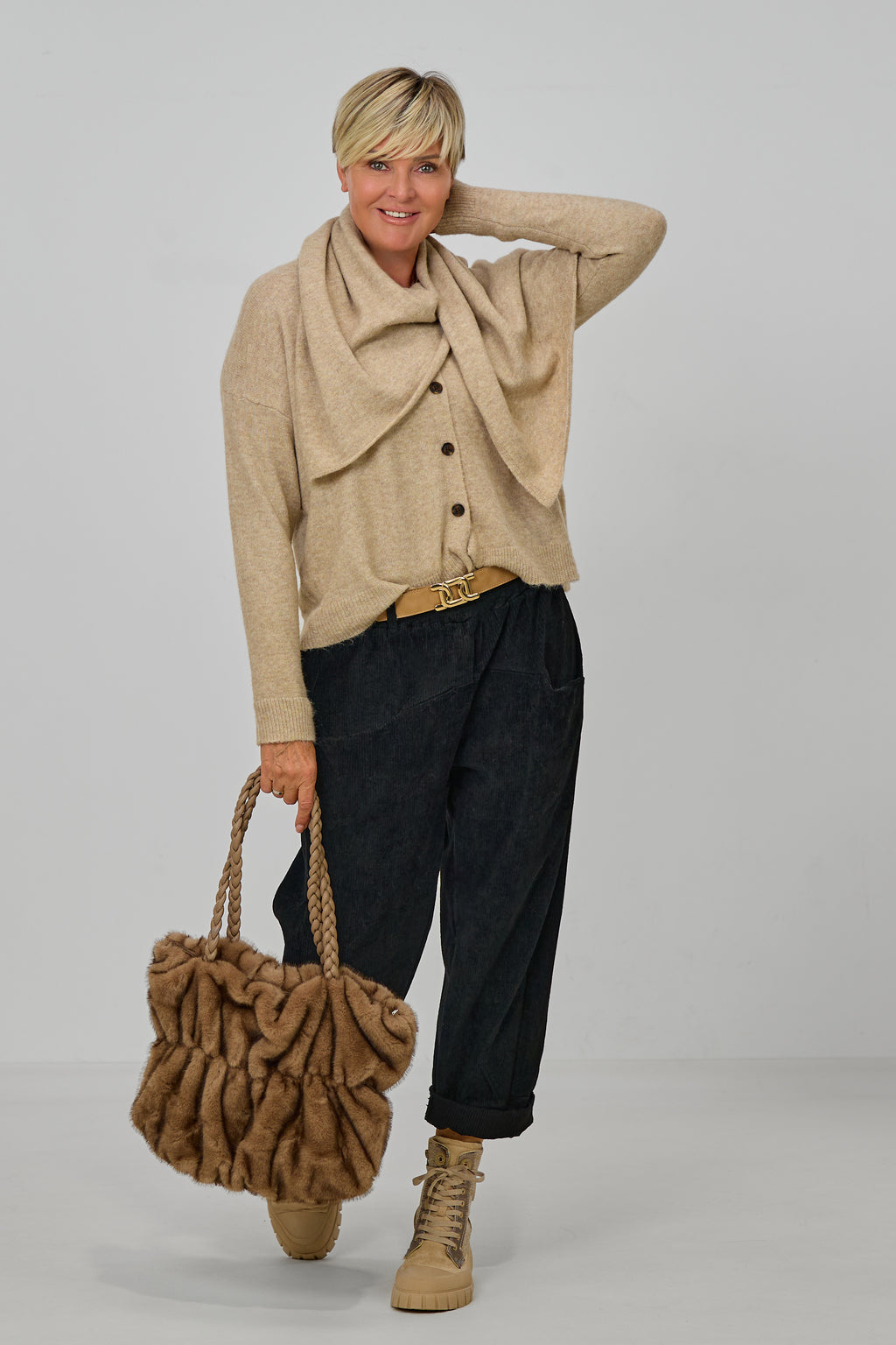 Cardigan mit abnehmbarem Schal, beige-meliert