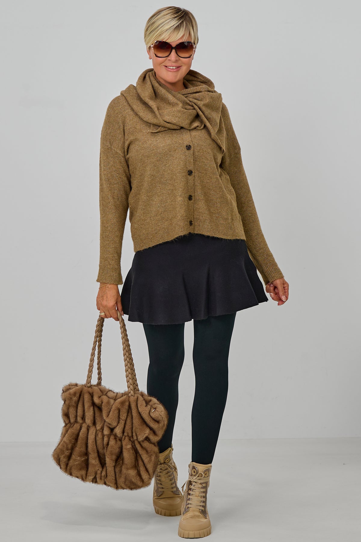 Cardigan mit abnehmbarem Schal, camel-meliert