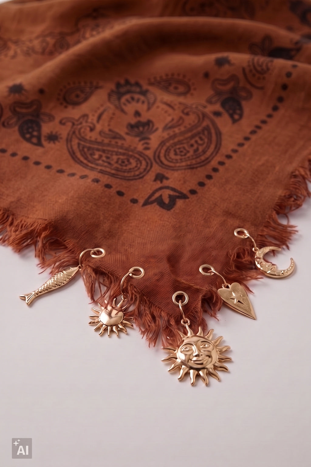 Gemustertes Tuch mit Charms, camel