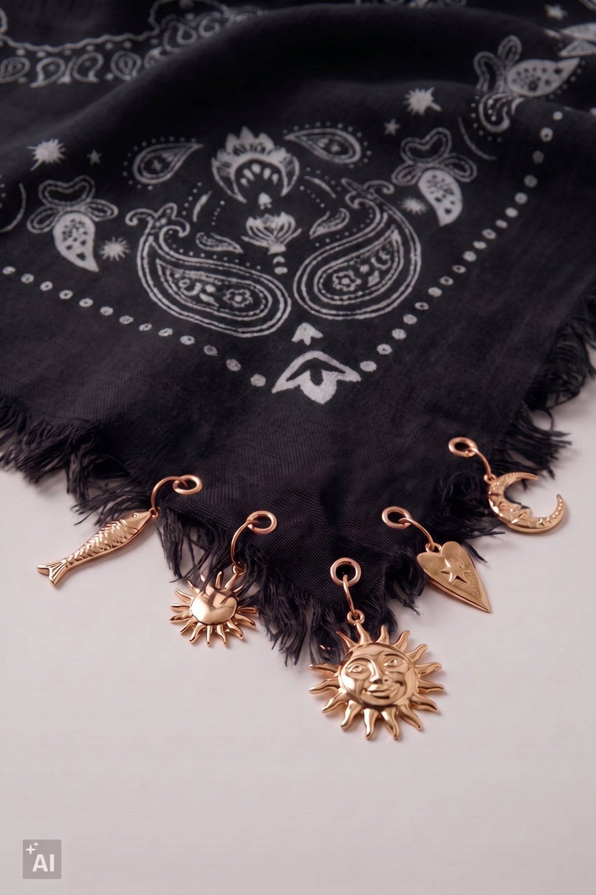 Gemustertes Tuch mit Charms, schwarz