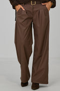 Bundfaltenhose im Lederlook, schokobraun