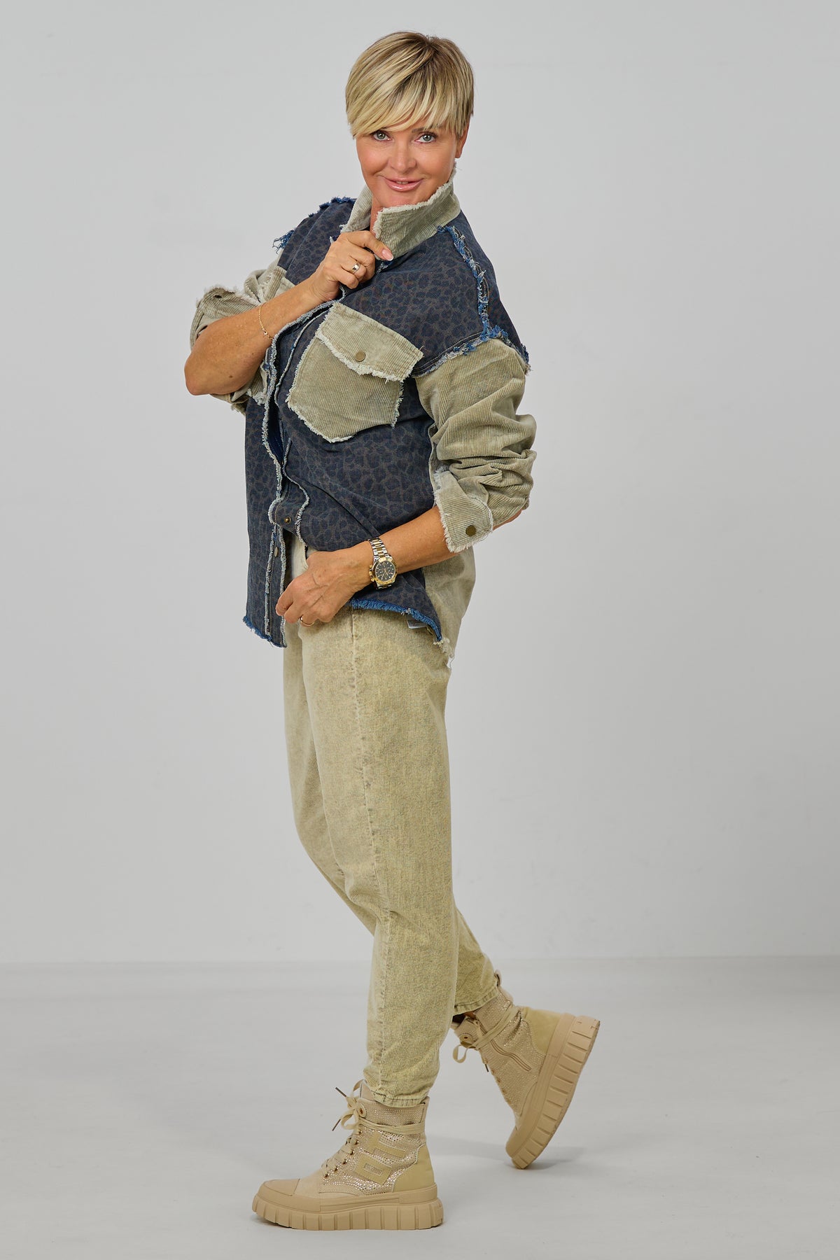 Combi Jeans-Cord-Hemd, beige-leo
