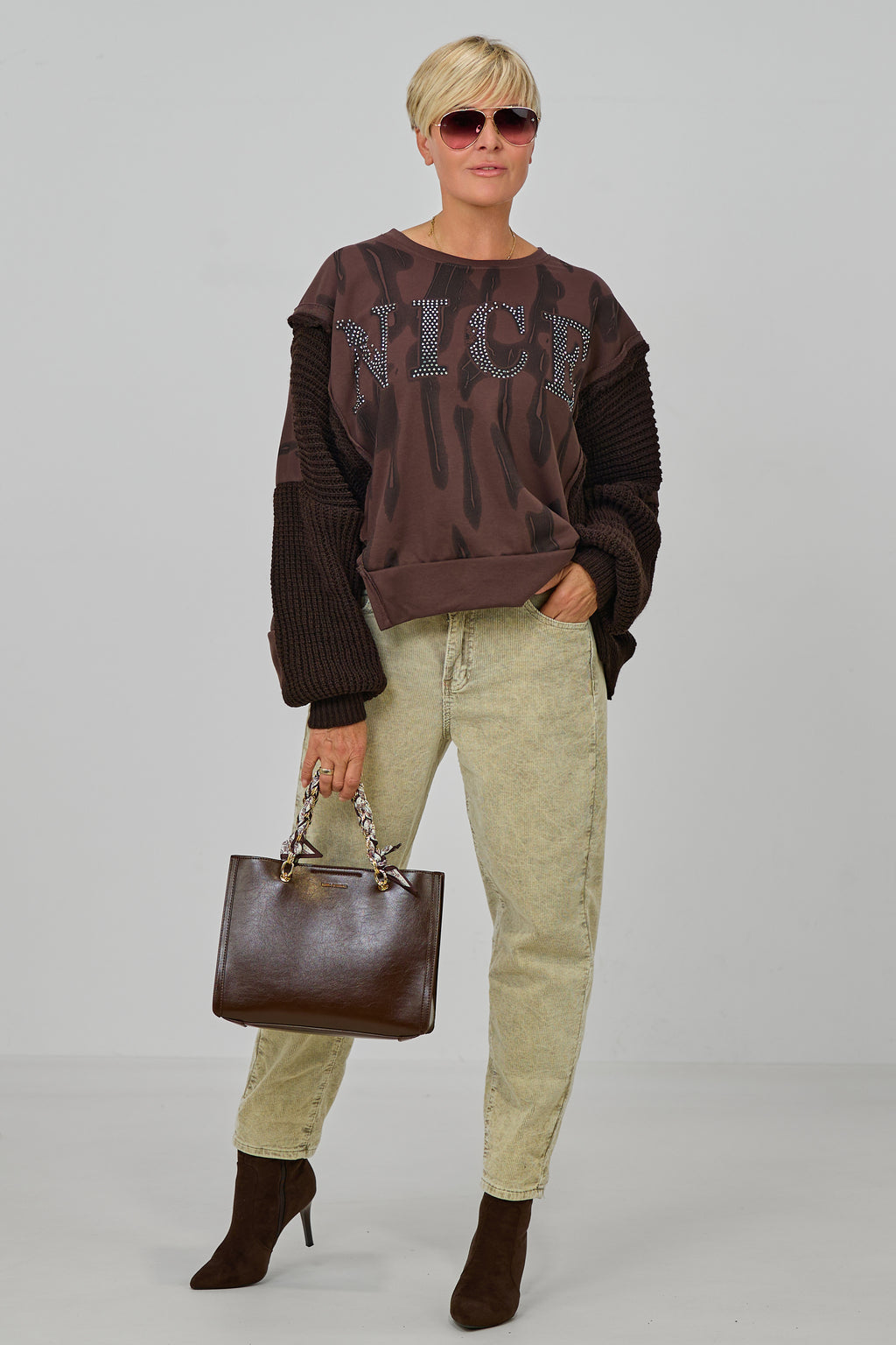 Sweaty im Materialmix, braun-anthrazit