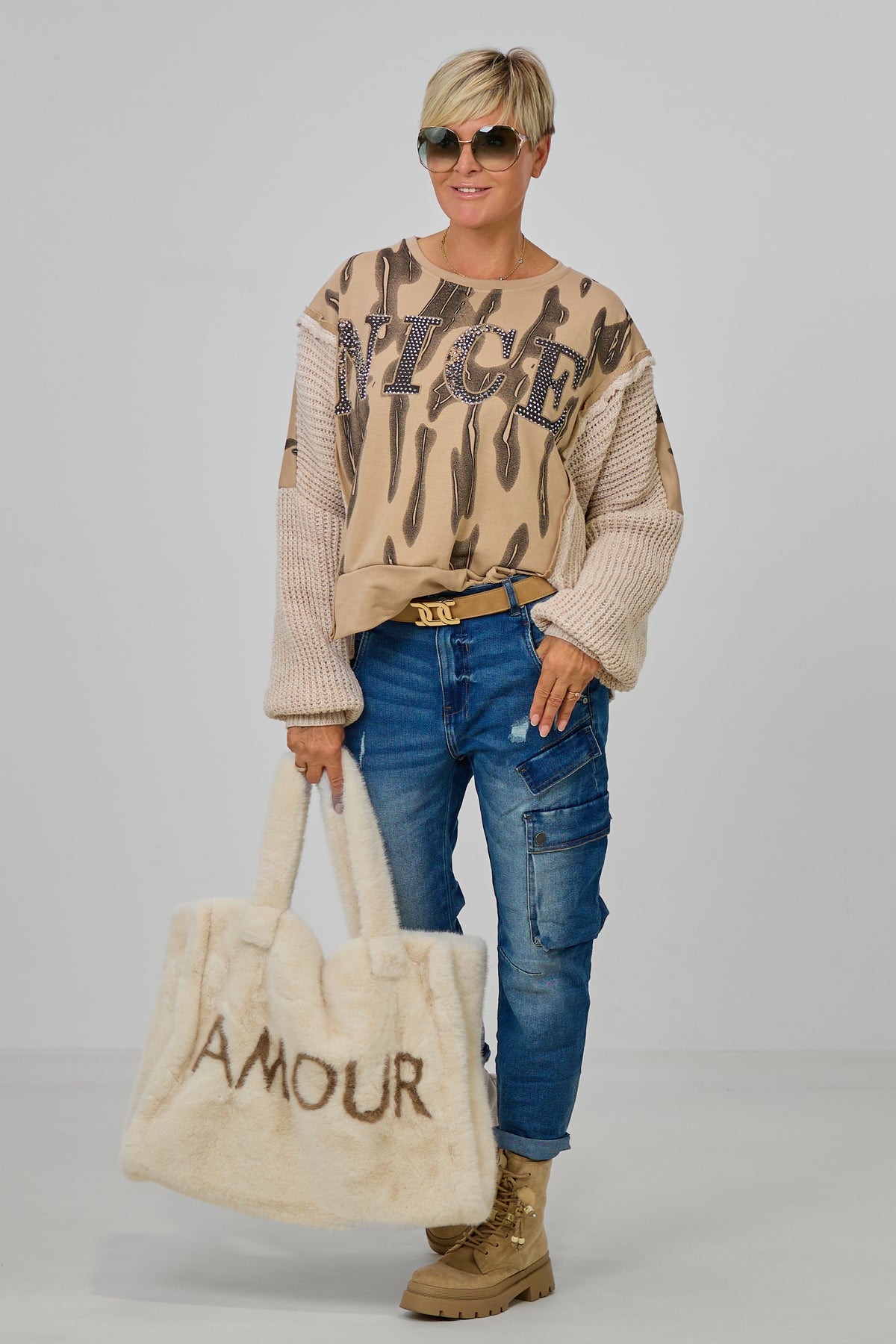 Sweaty im Materialmix, beige-anthrazit