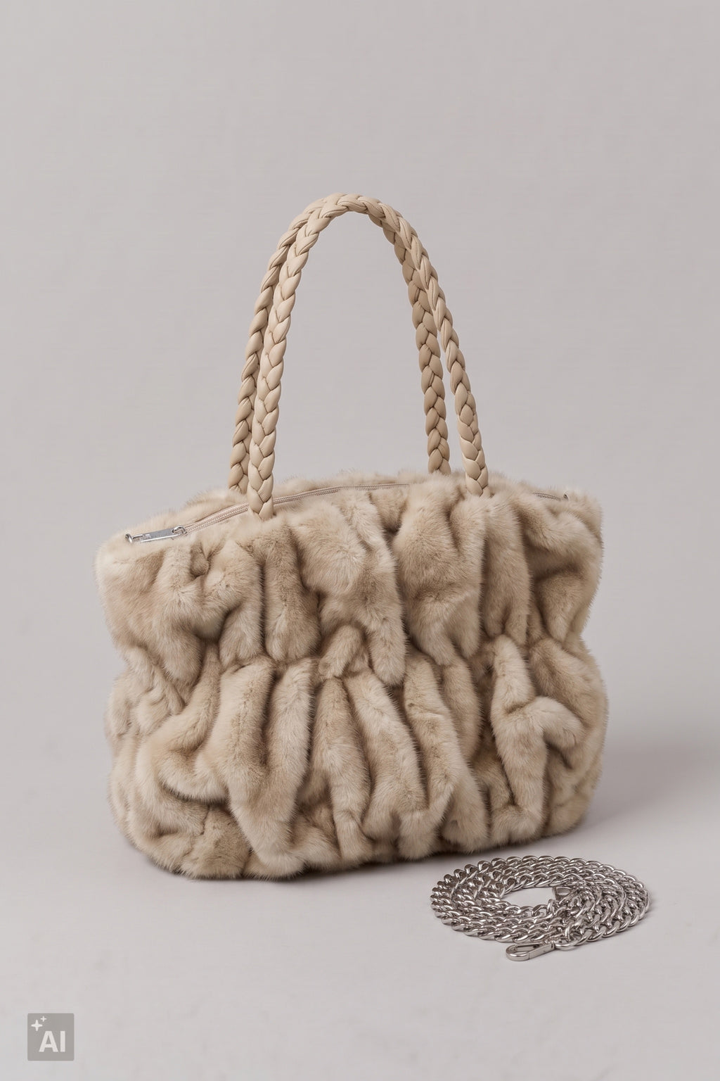 Fell-Umhängetasche mit geflochtenen Trägern, beige-taupe