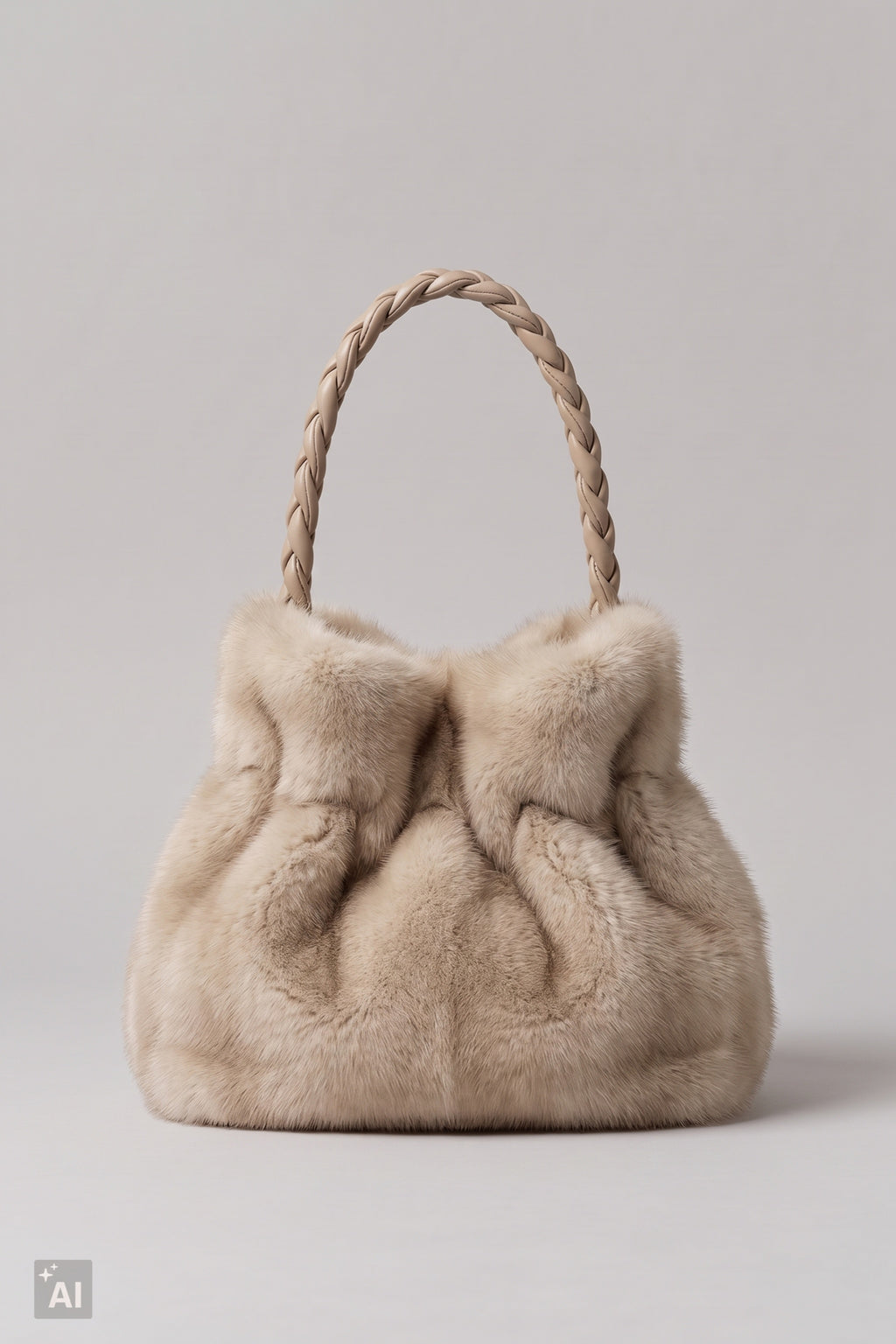 Ovale Felltasche mit geflochtenen Trägern, beige-taupe