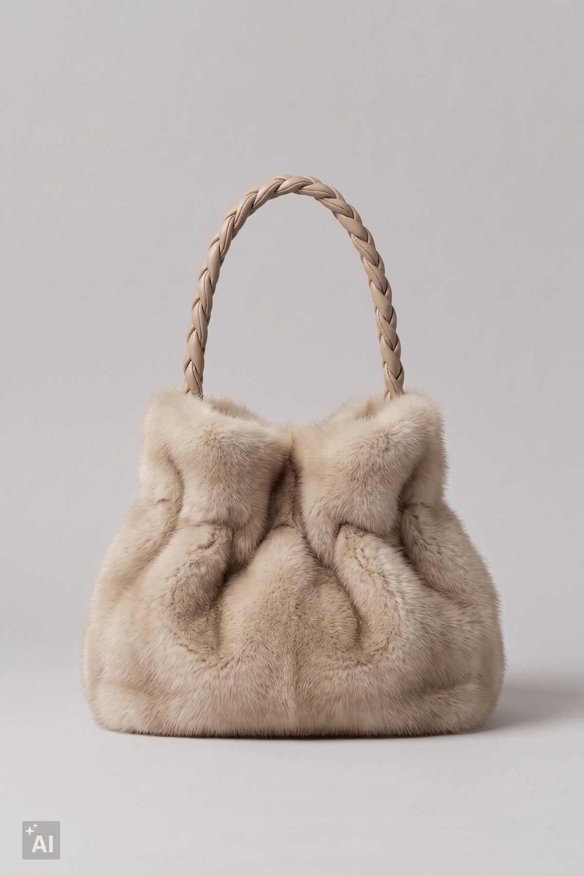Ovale Felltasche mit geflochtenen Trägern, beige-taupe
