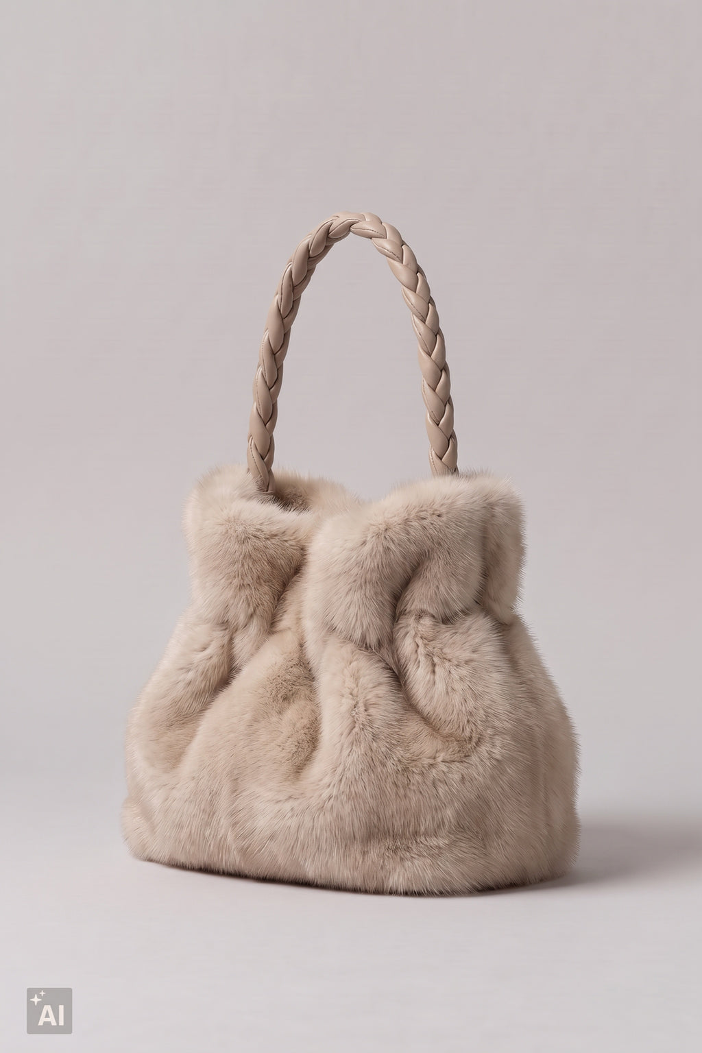 Ovale Felltasche mit geflochtenen Trägern, beige-taupe