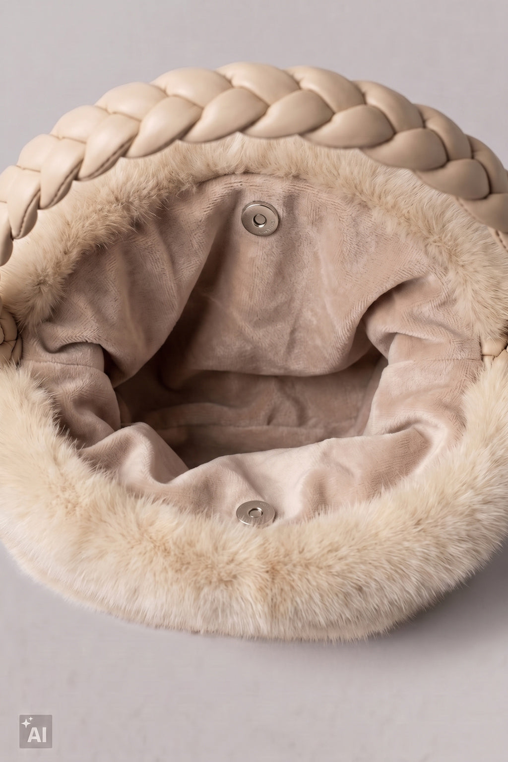 Ovale Felltasche mit geflochtenen Trägern, beige-taupe