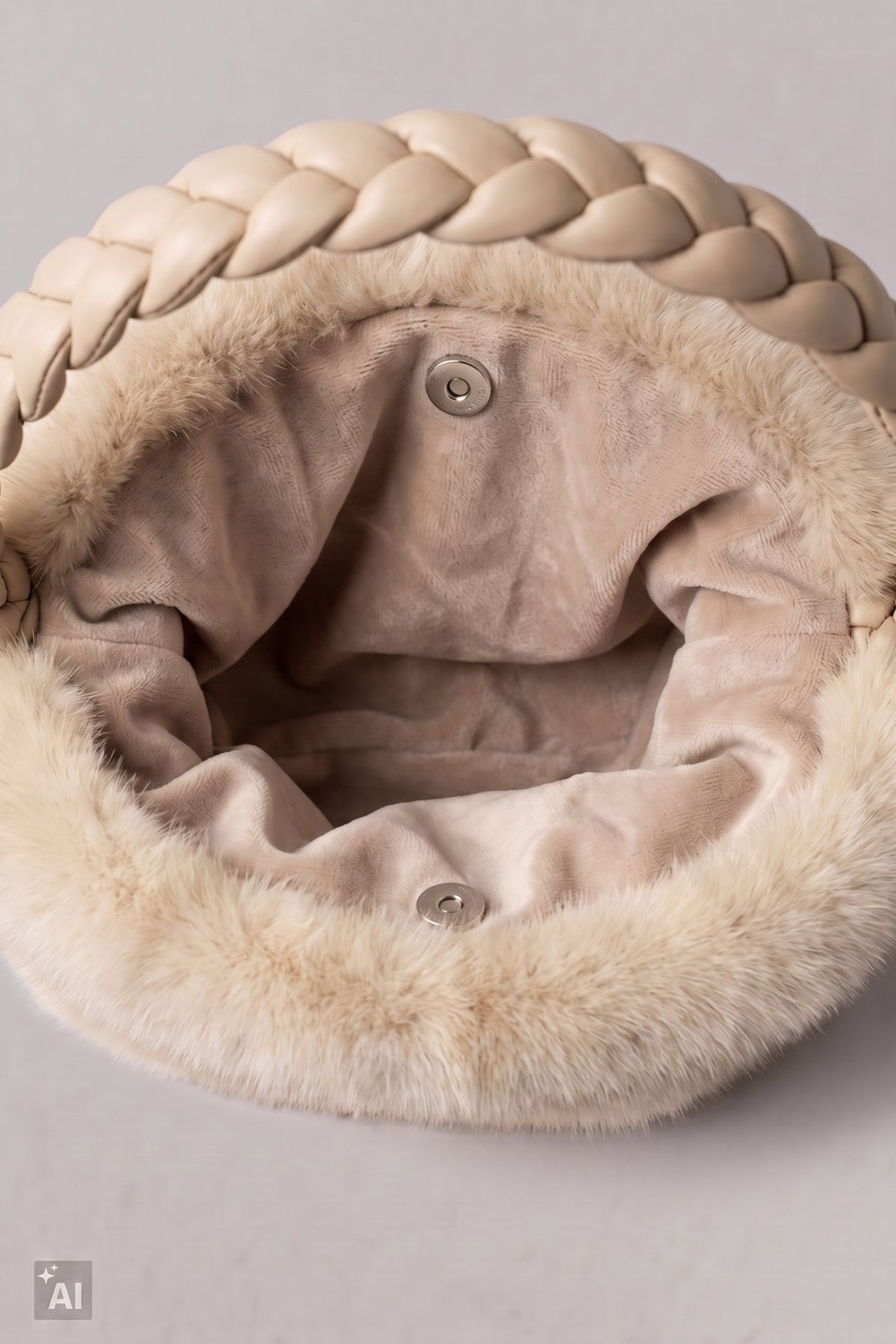 Ovale Felltasche mit geflochtenen Trägern, beige-taupe