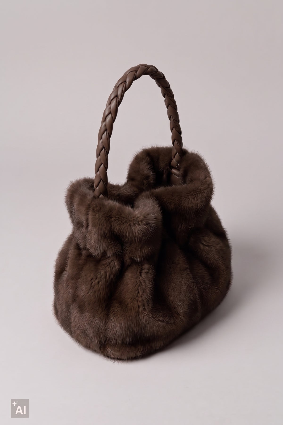 Ovale Felltasche mit geflochtenen Trägern, schokobraun