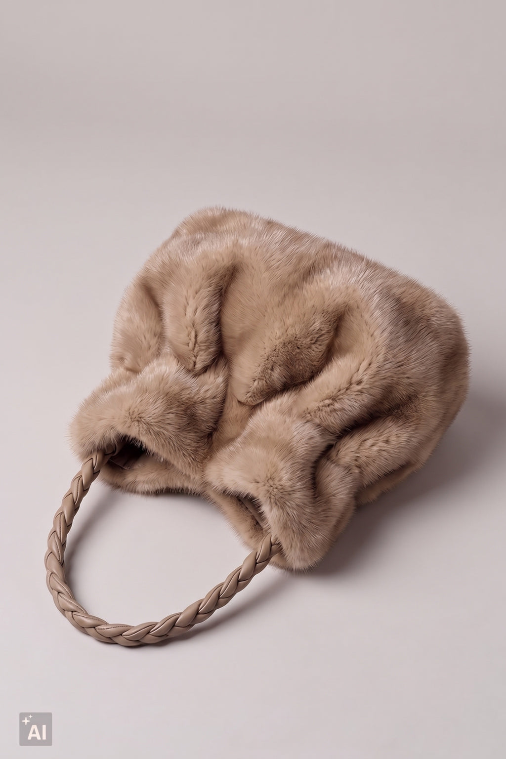 Ovale Felltasche mit geflochtenen Trägern, taupe/hellbraun