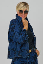 Jeansjacke mit samtigen Blumen, dark denim