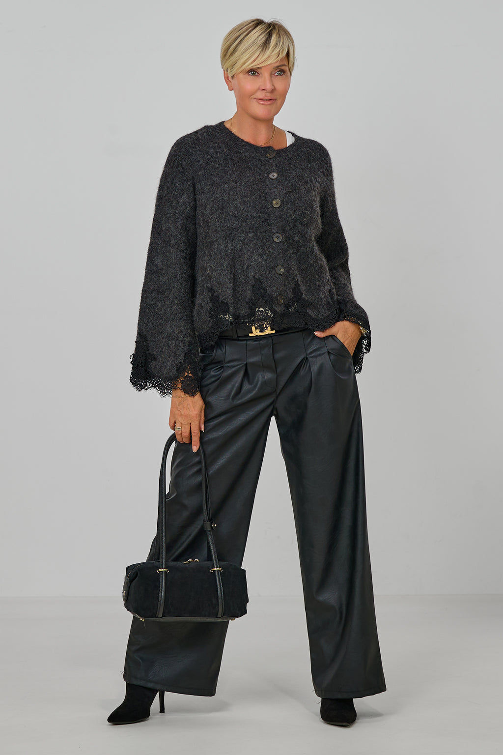 kuscheliger Cardigan mit Spitze, anthrazit