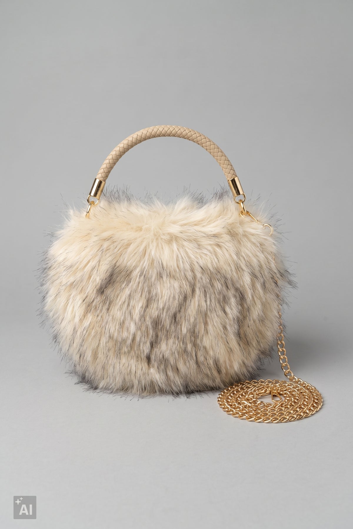 Halbrunde Felltasche, beige-braun