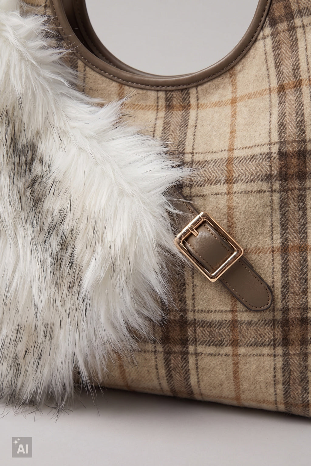 karierte Umhängetasche mit fell, beige