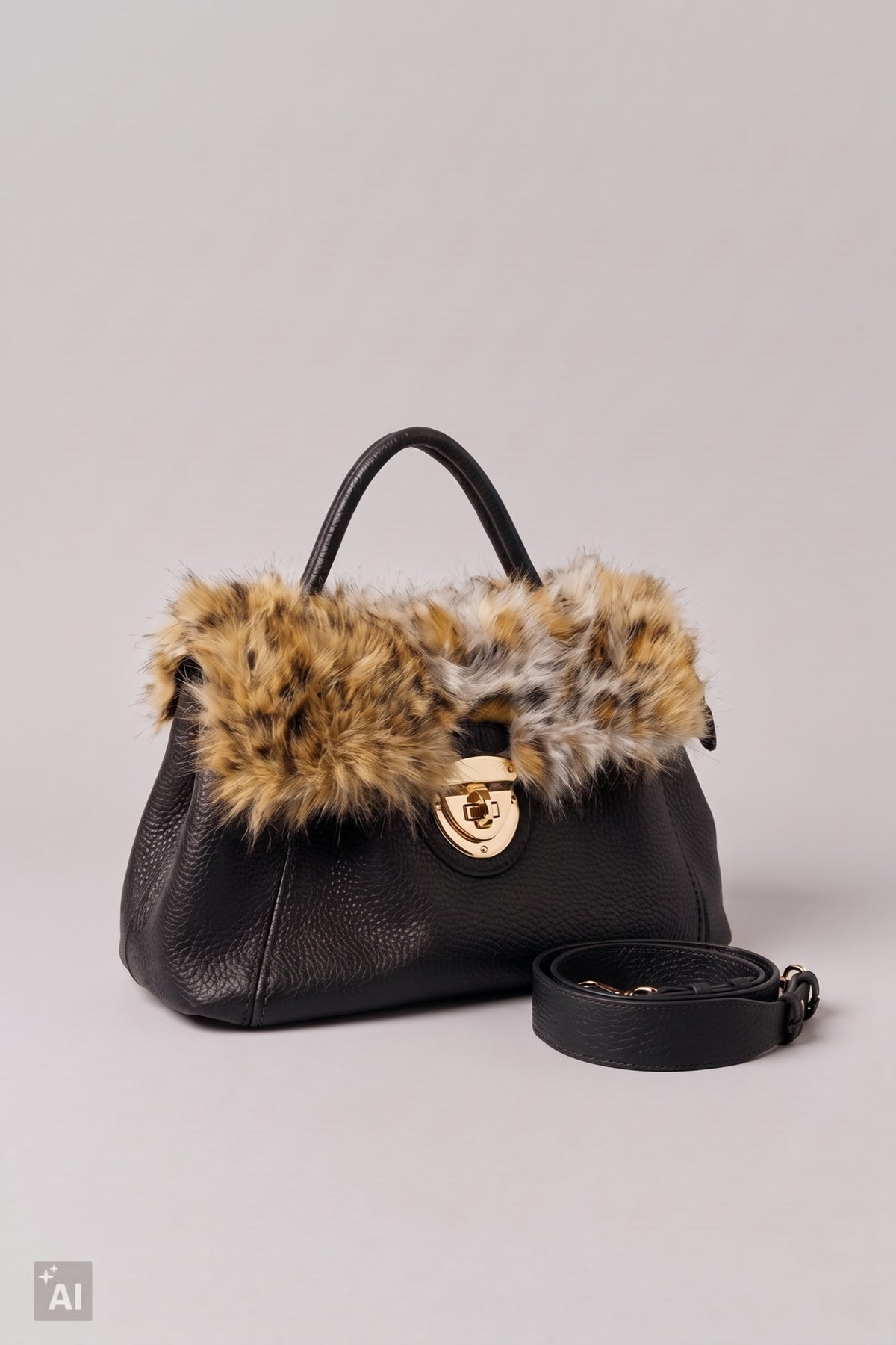 Handtasche mit Fellbesatz, schwarz