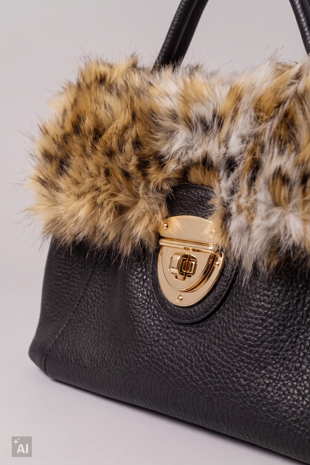 Handtasche mit Fellbesatz, schwarz