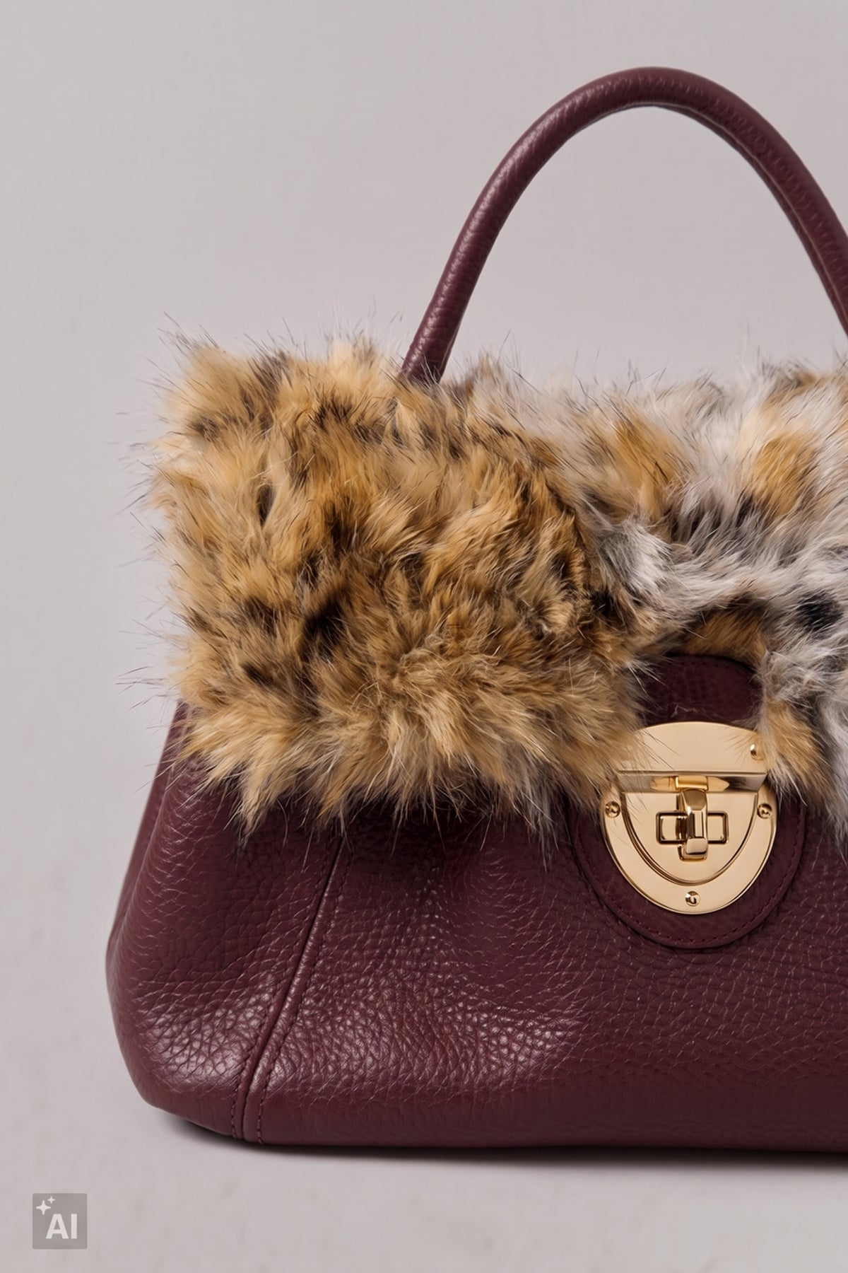 Handtasche mit Fellbesatz, bordeaux
