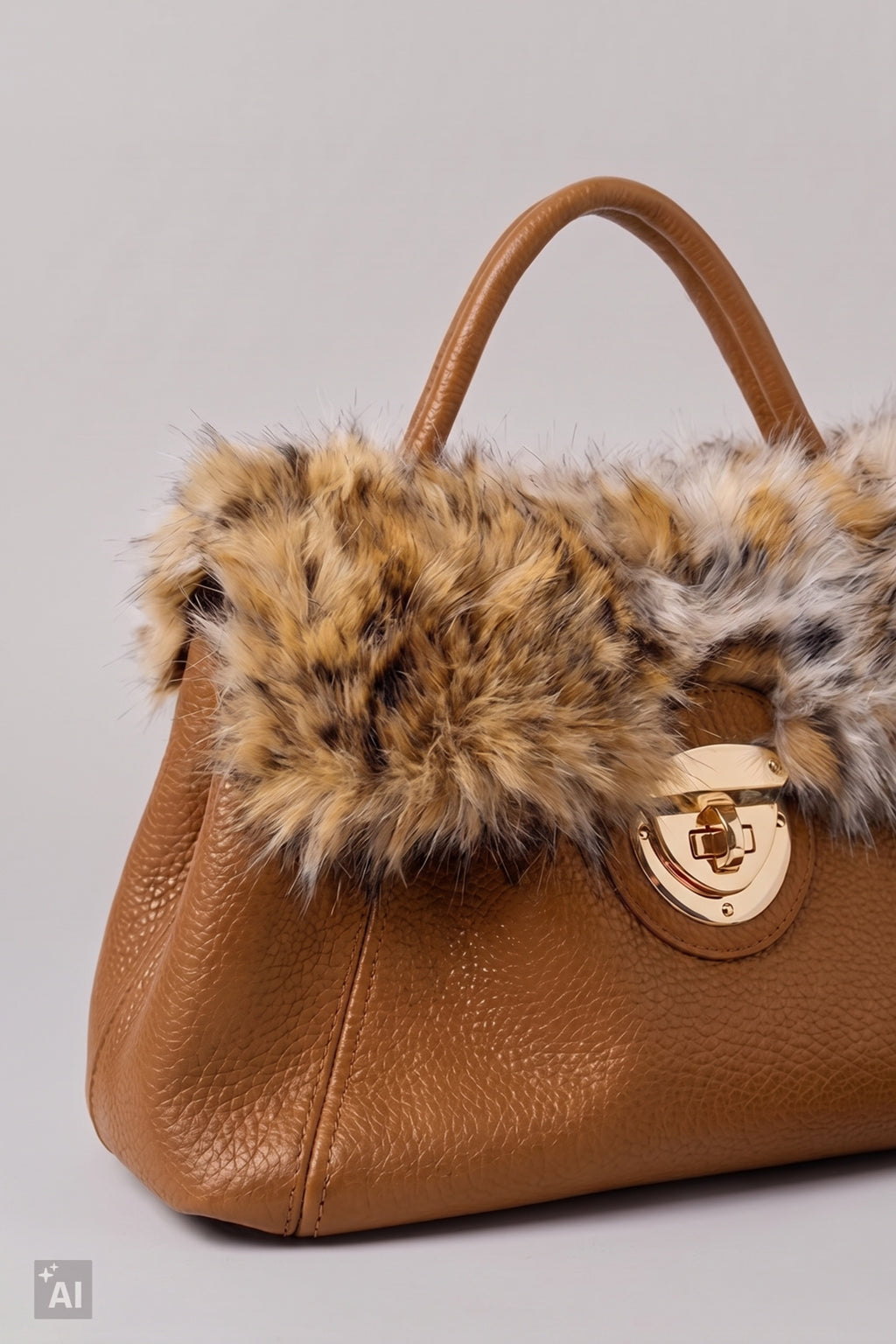 Handtasche mit Fellbesatz, camel