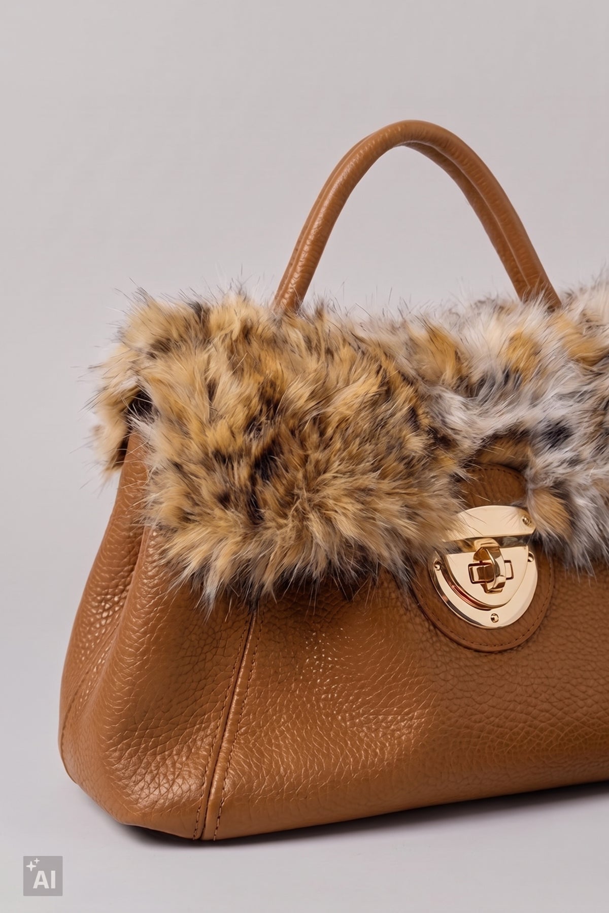Handtasche mit Fellbesatz, camel