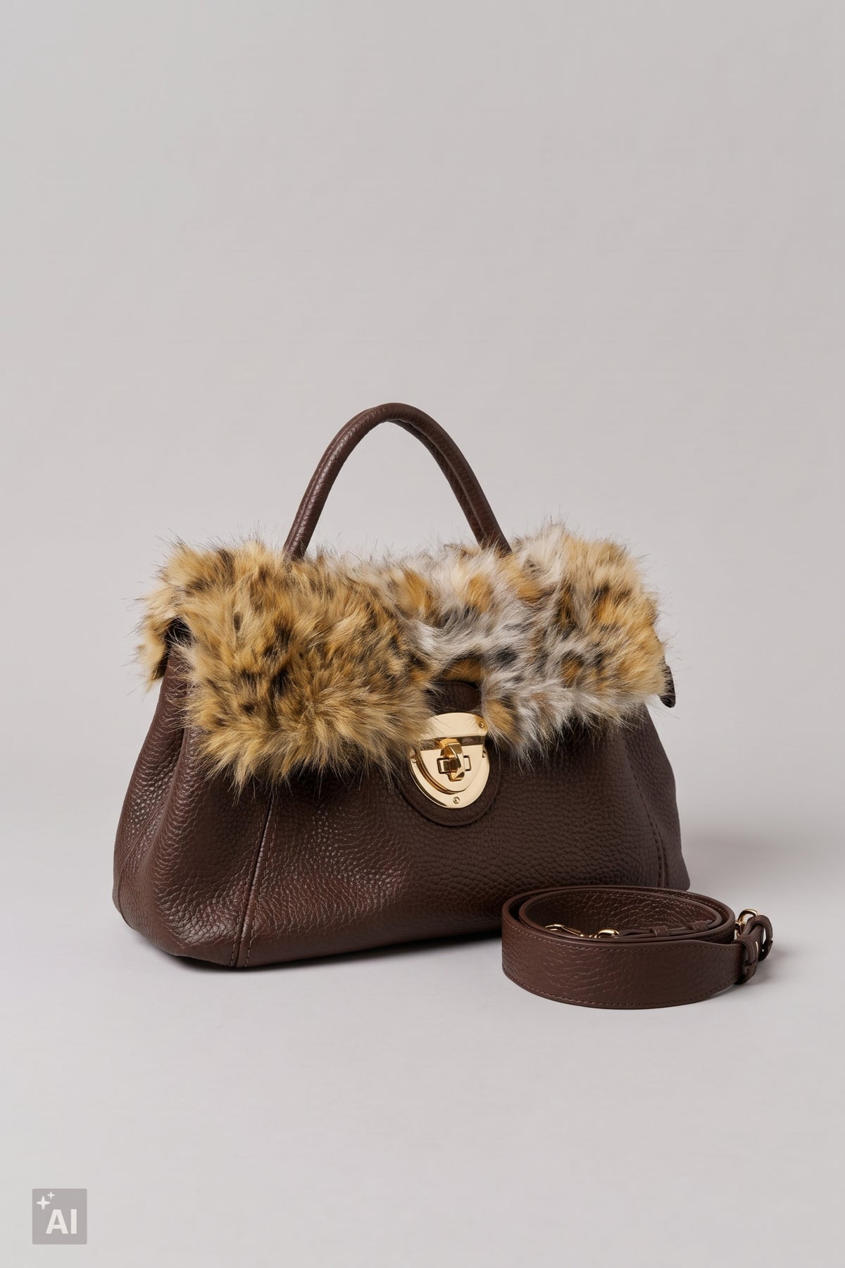 Handtasche mit Fellbesatz, braun