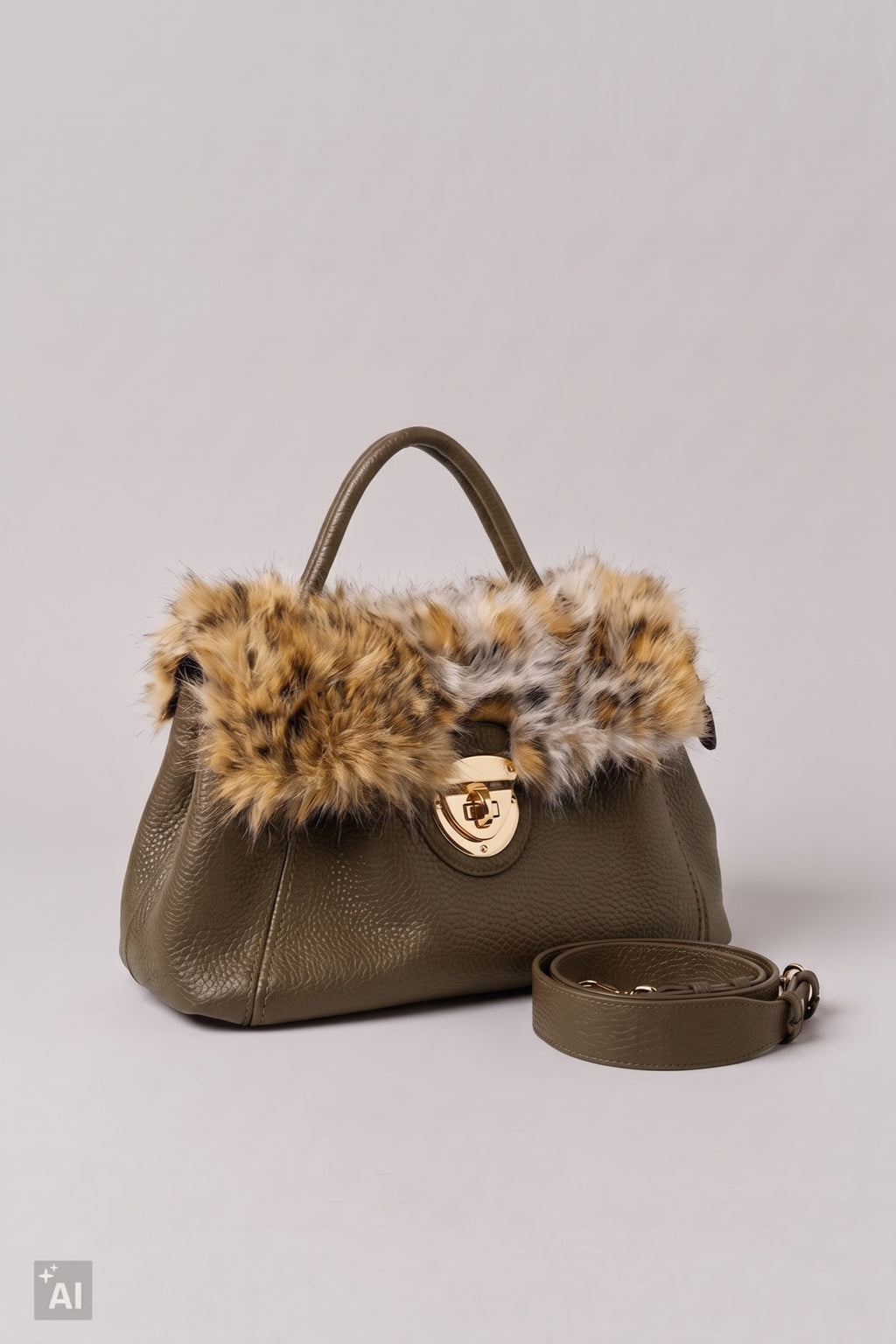 Handtasche mit Fellbesatz, khaki