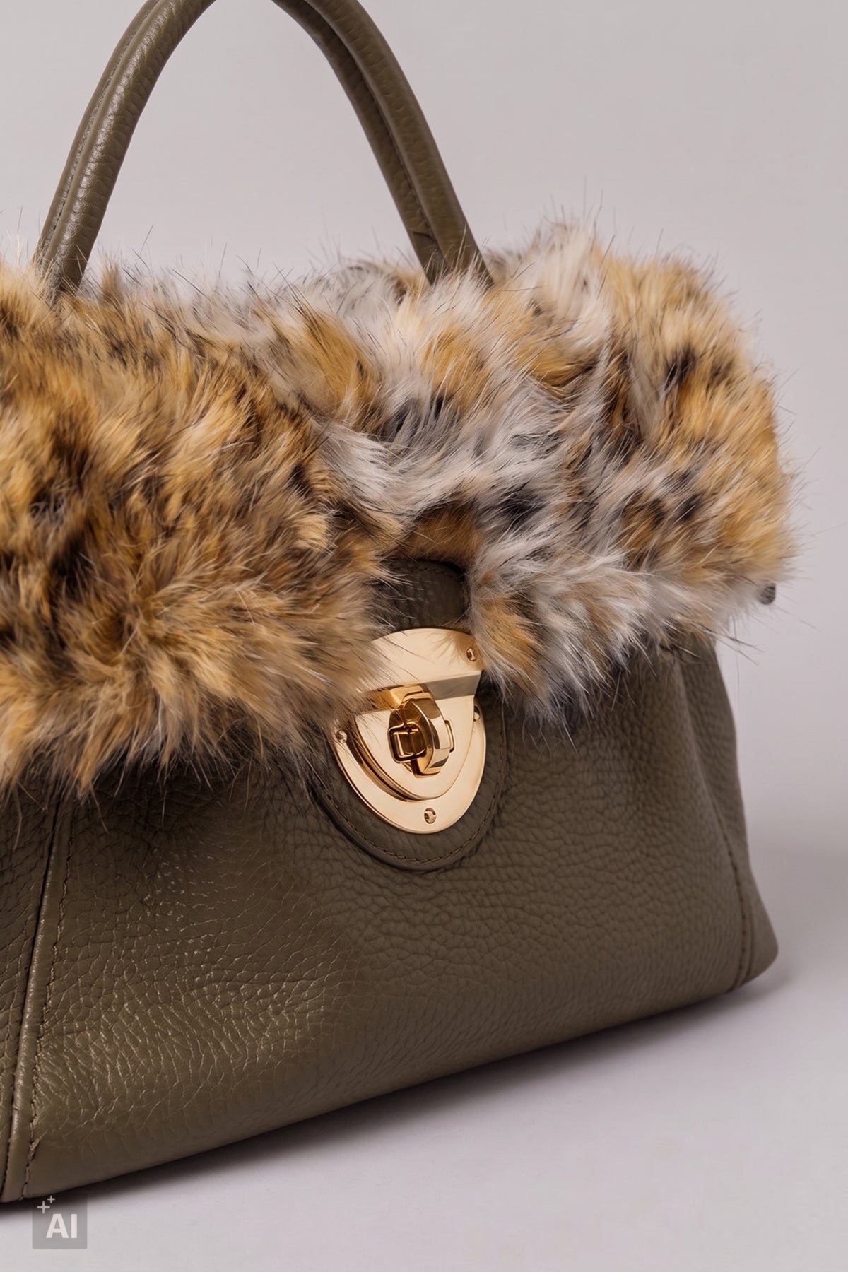 Handtasche mit Fellbesatz, khaki