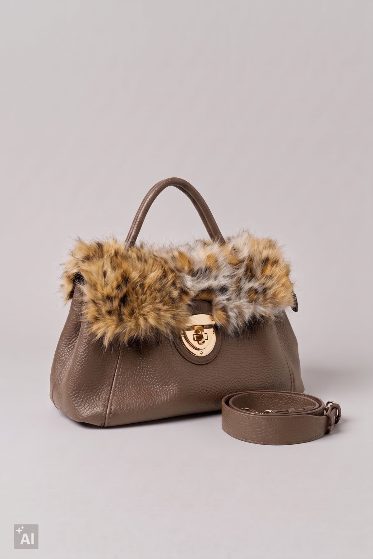 Handtasche mit Fellbesatz, taupe
