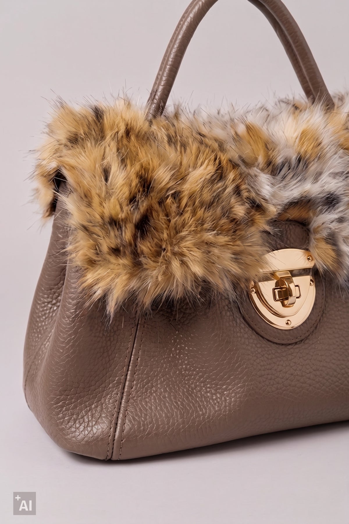 Handtasche mit Fellbesatz, taupe