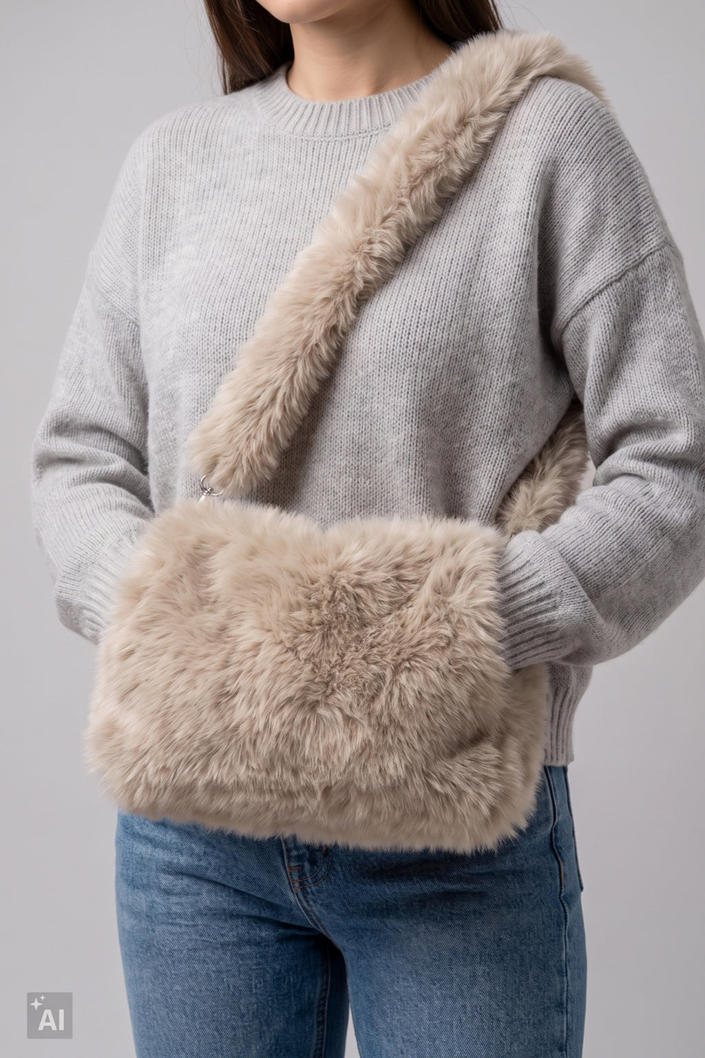 flauschige Umhängetasche mit Muff, beige
