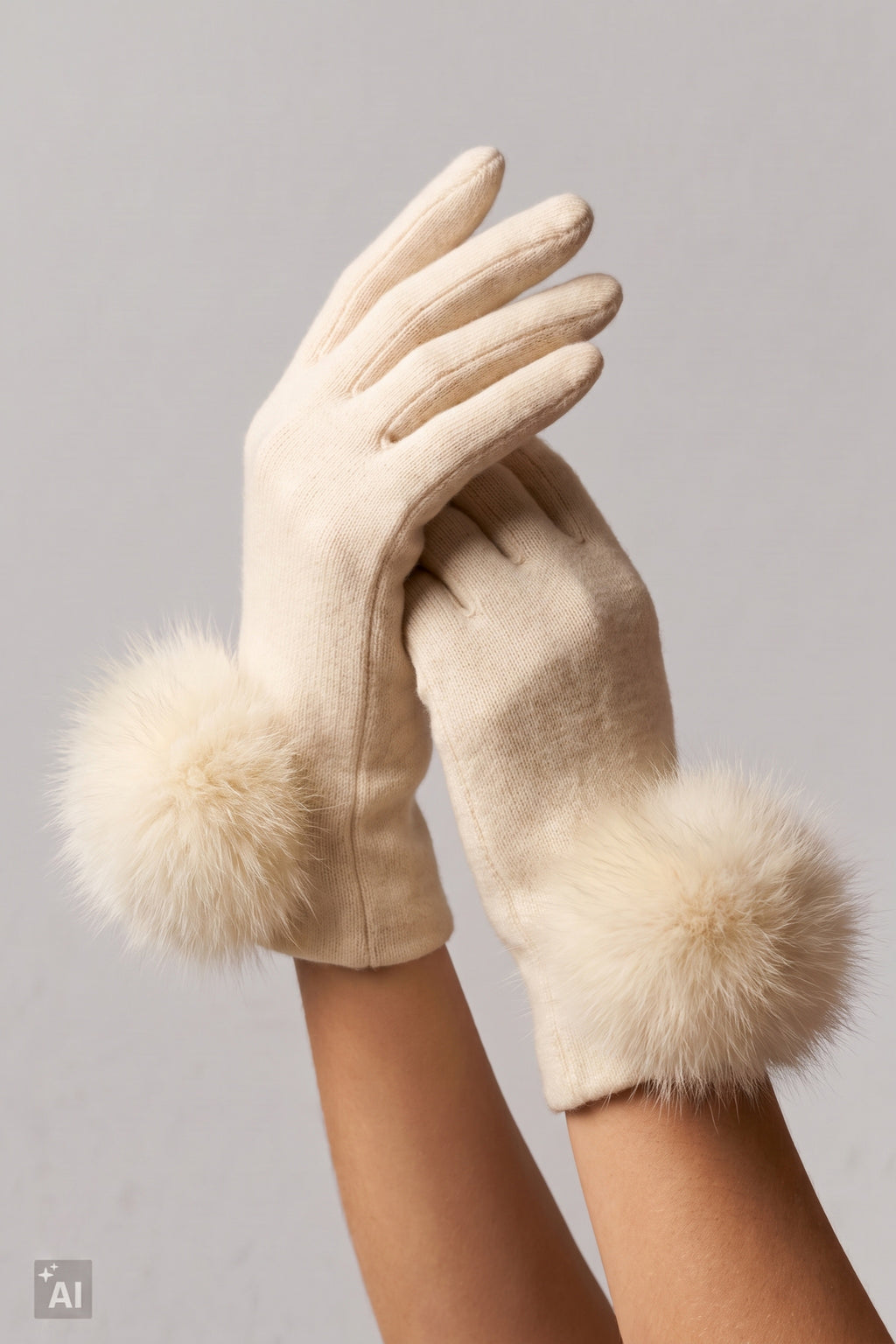 Handschuhe mit Fell-Puschel, creme
