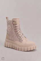 Schnürstiefelette mit Smiley, beige