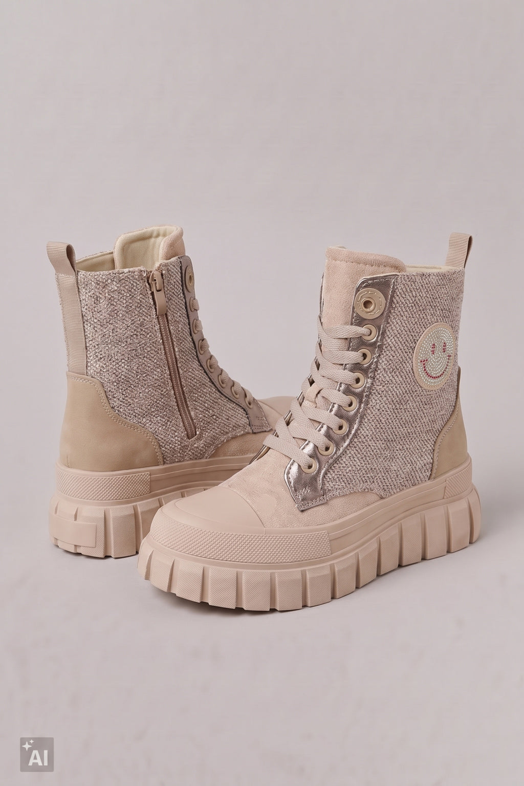 Schnürstiefelette mit Smiley, beige