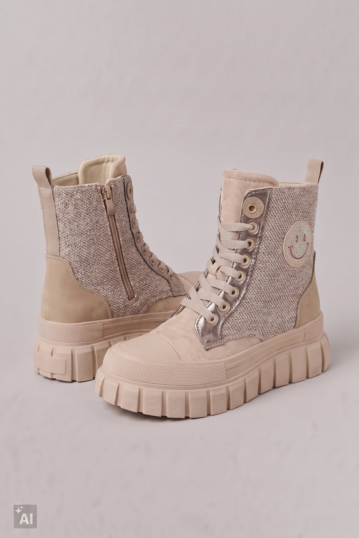 Schnürstiefelette mit Smiley, beige