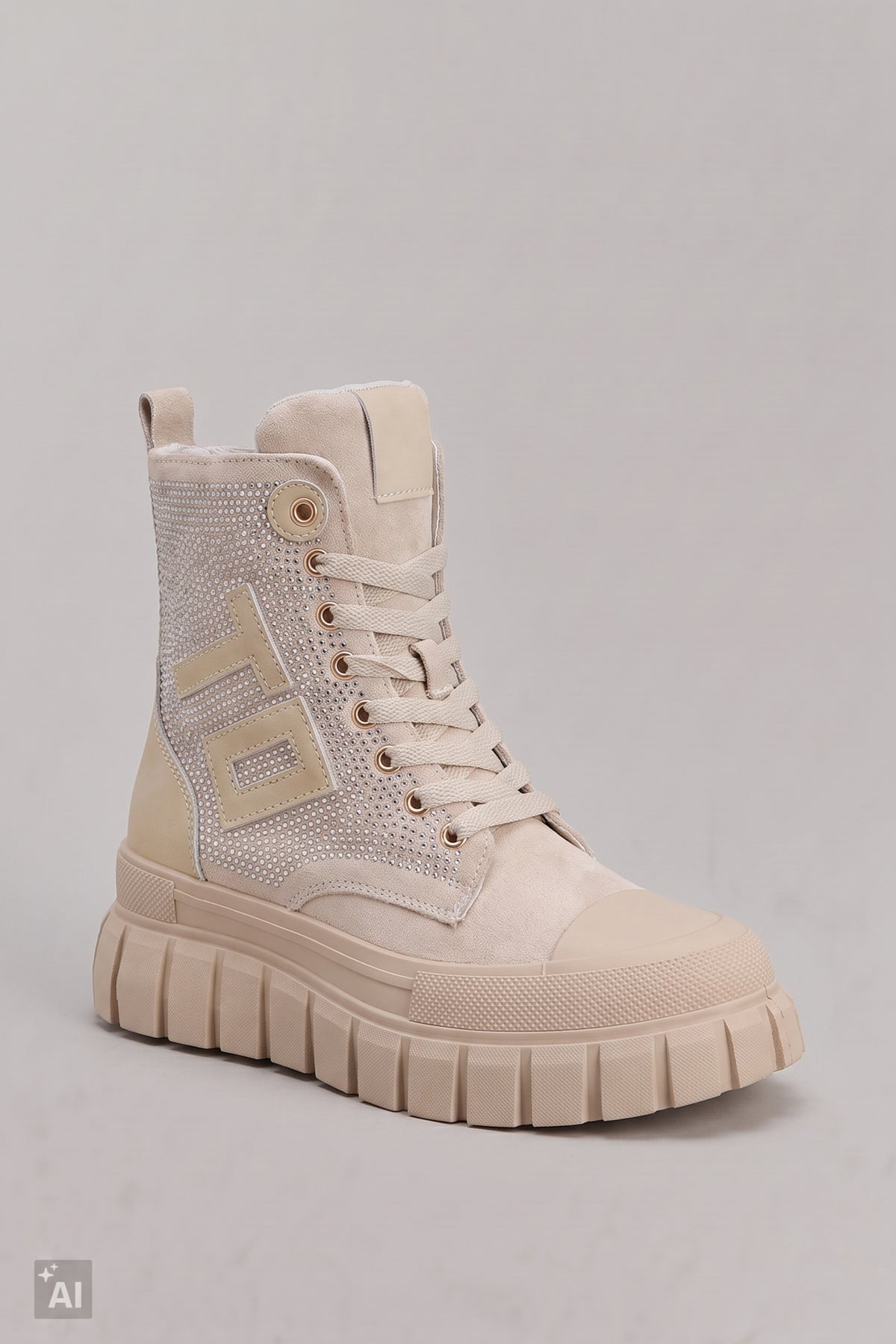 Schnürstiefelette mit Glitzer, creme