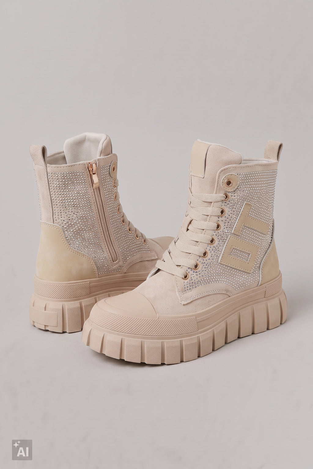 Schnürstiefelette mit Glitzer, creme