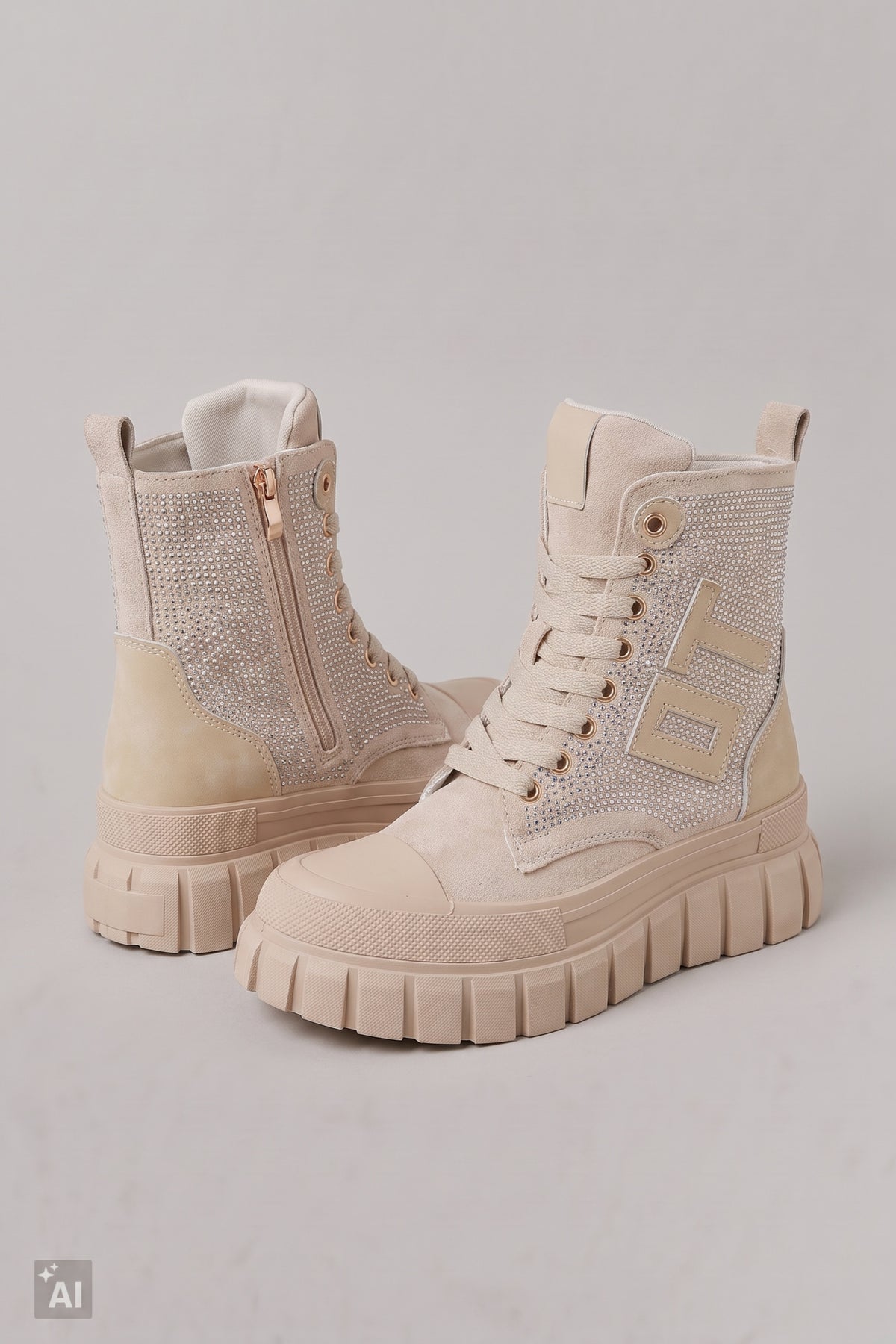 Schnürstiefelette mit Glitzer, creme