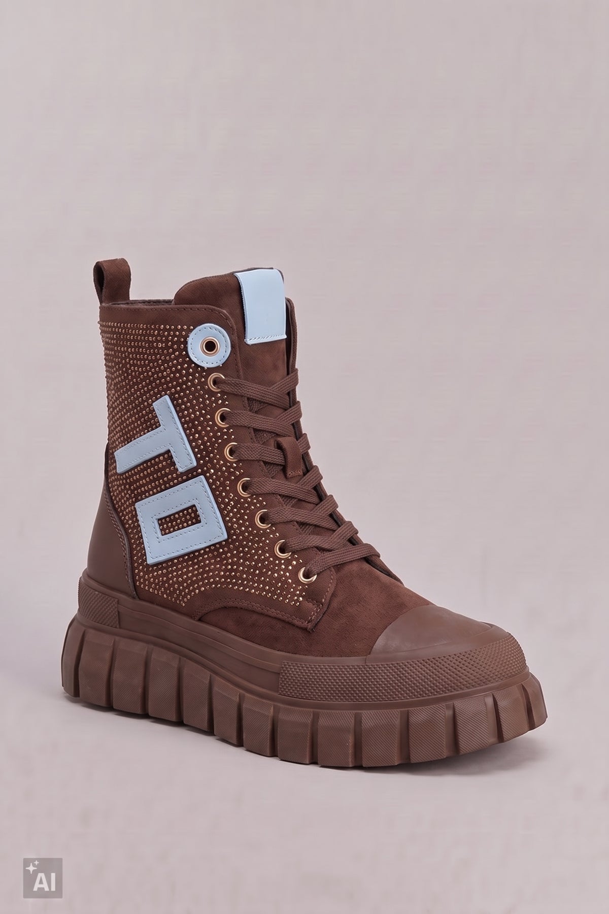Schnürstiefelette mit Glitzer, braun-hellblau