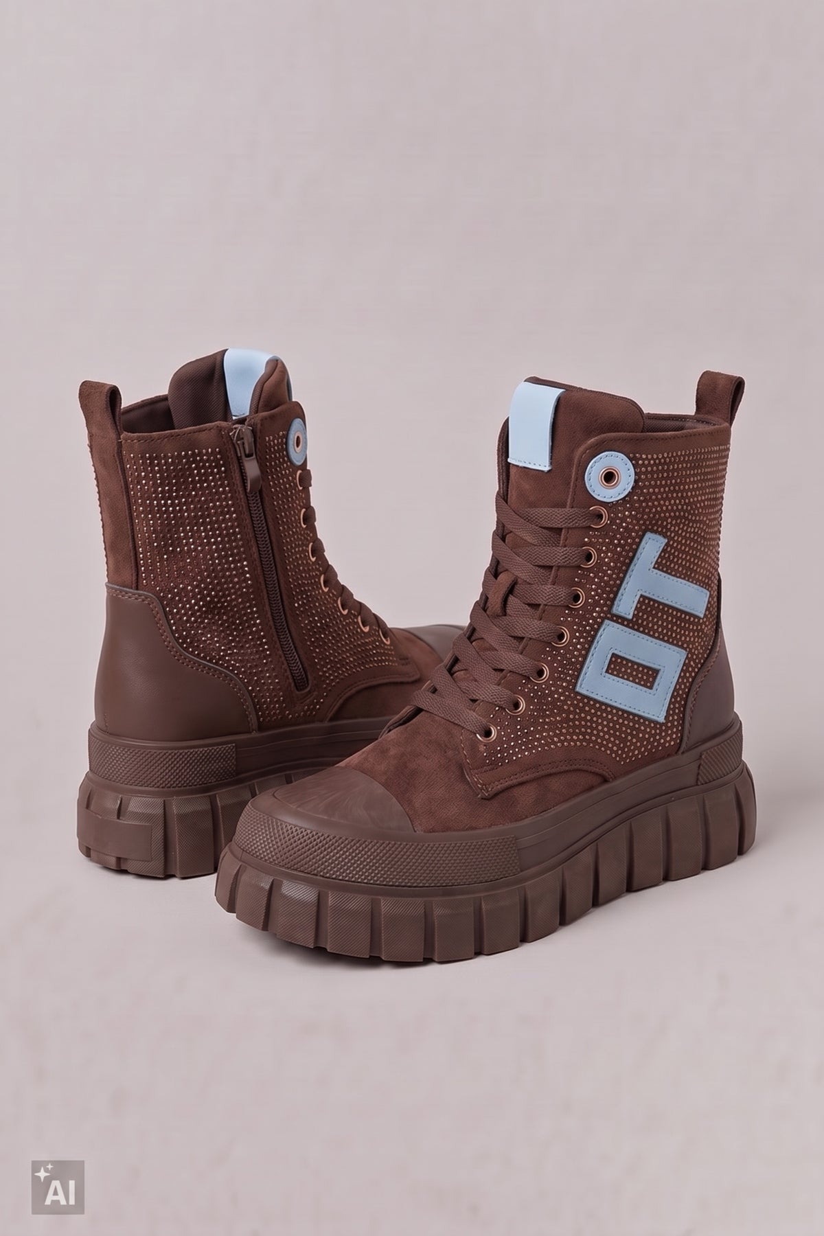 Schnürstiefelette mit Glitzer, braun-hellblau