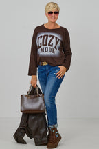 Langarmshirt COZY MODE, schokobraun-ecru