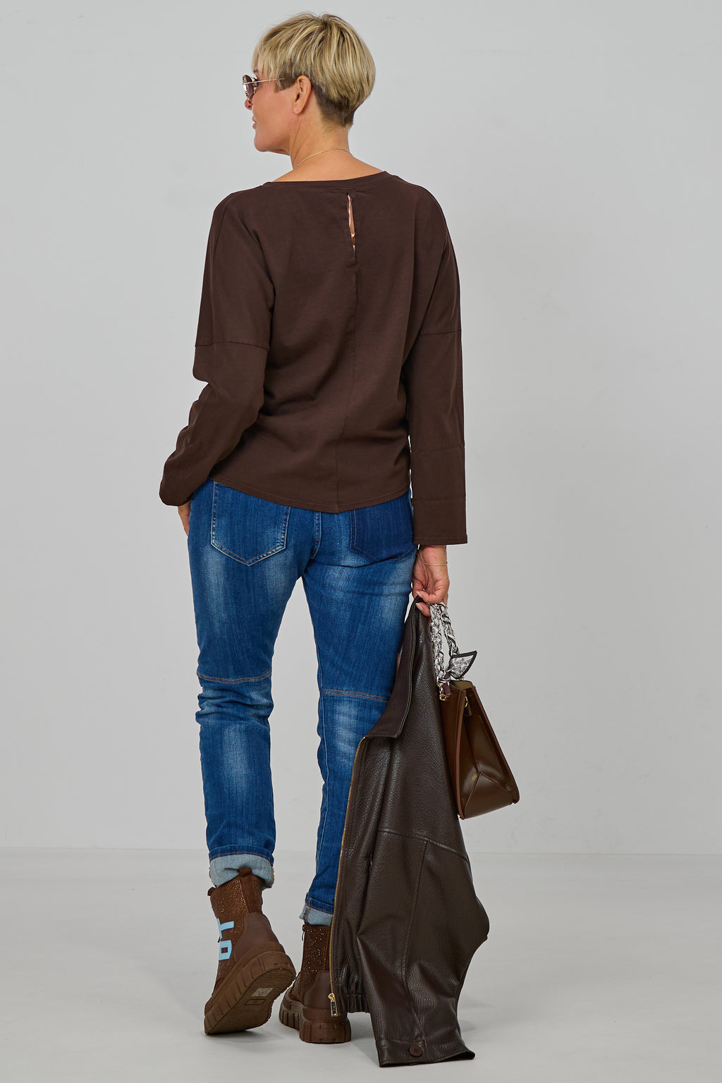Langarmshirt COZY MODE, schokobraun-ecru