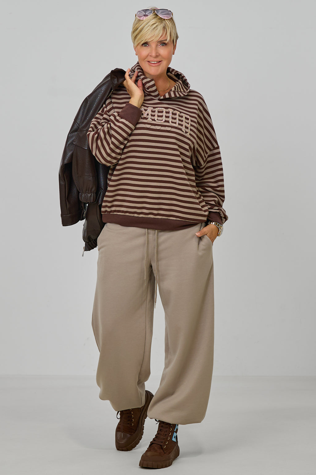 Ringel-Hoodie AMOUR, taupe-schokobraun