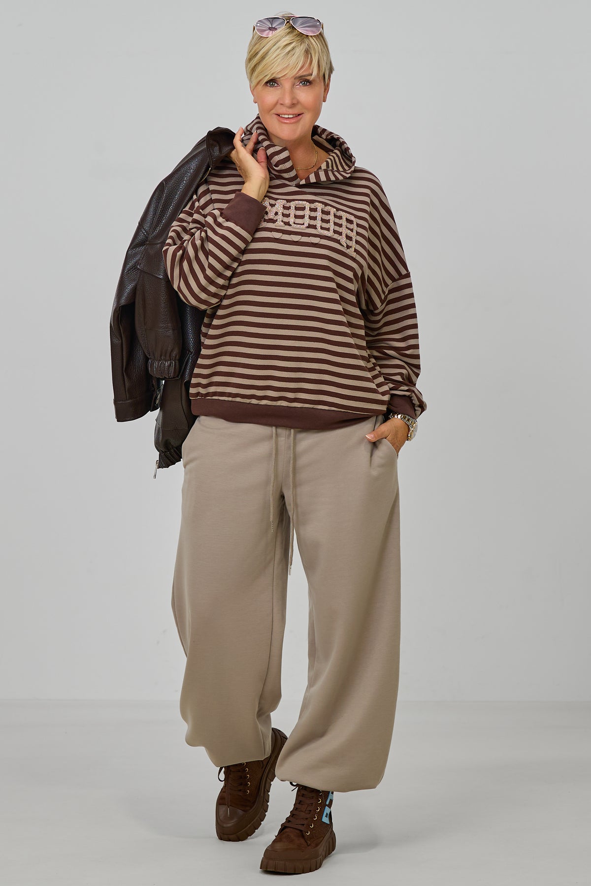 Ringel-Hoodie AMOUR, taupe-schokobraun