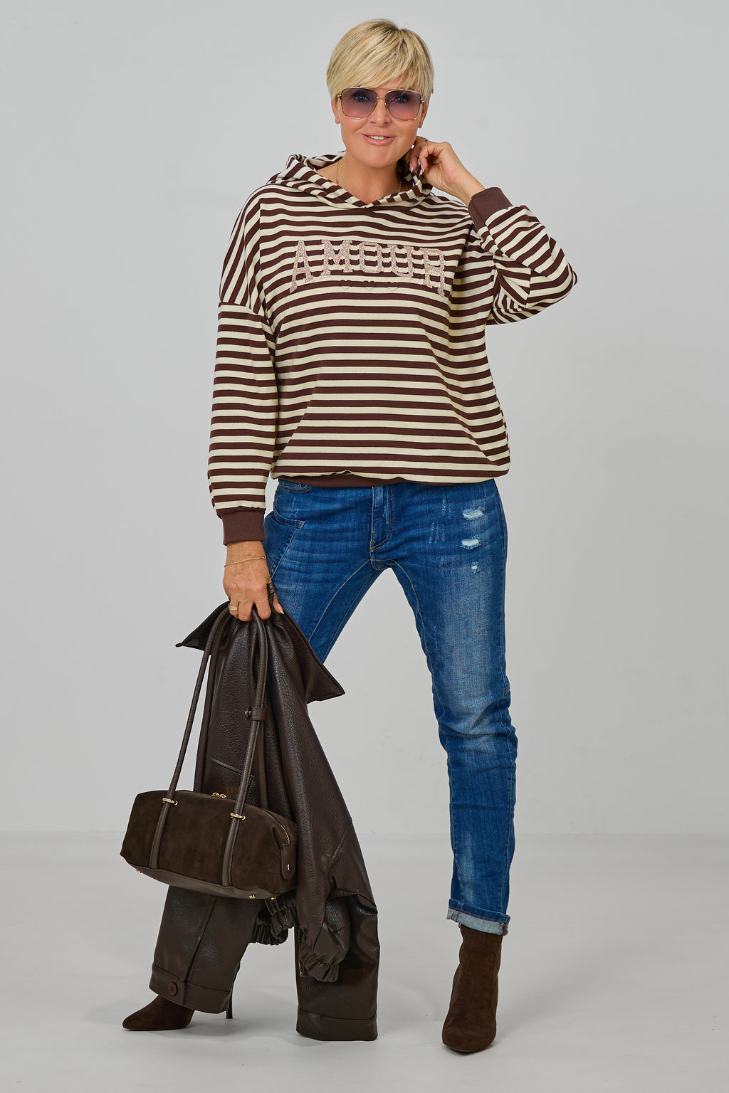 Ringel-Hoodie AMOUR, beige-schokobraun