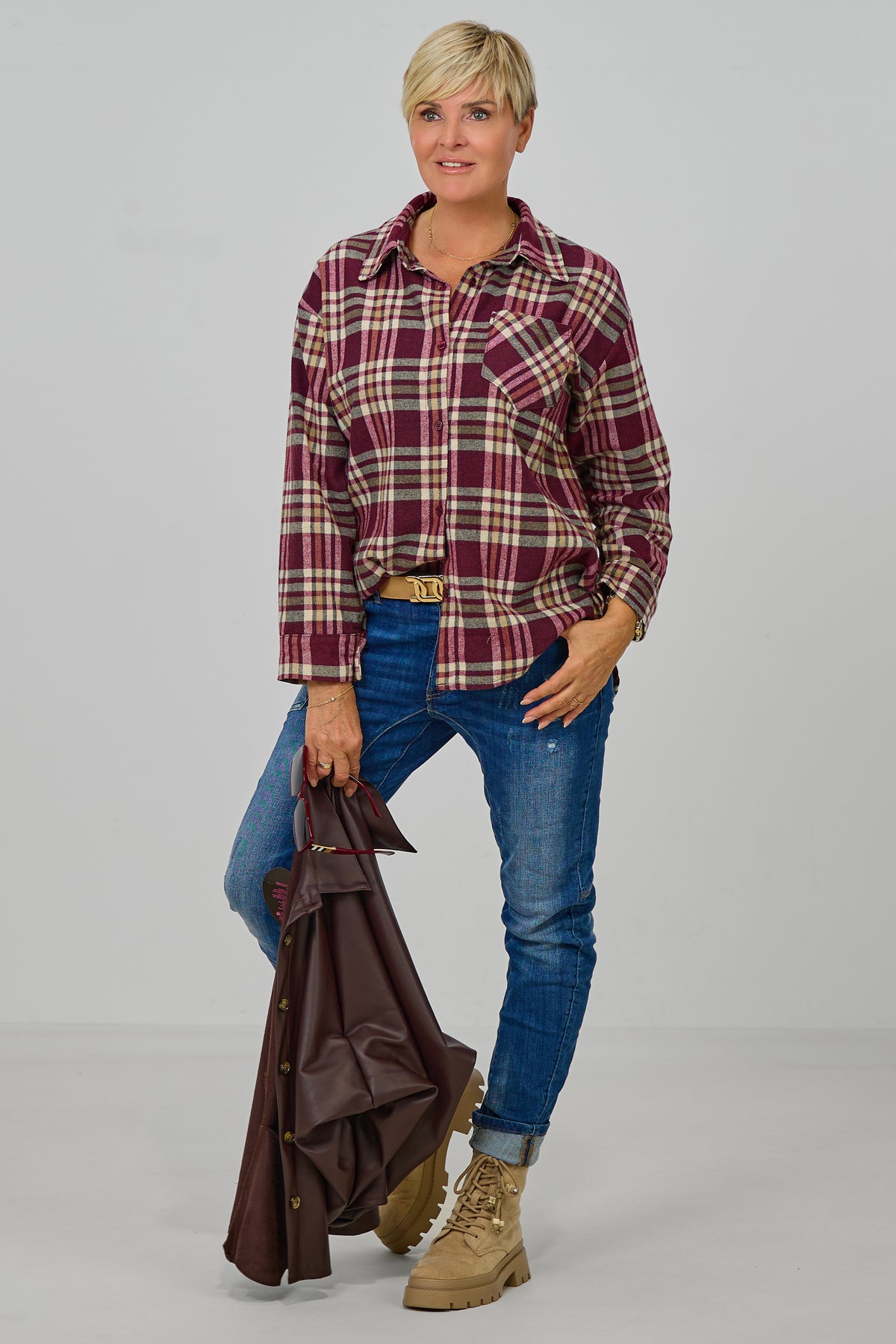 Karo Flanellhemd, bordeaux-beige