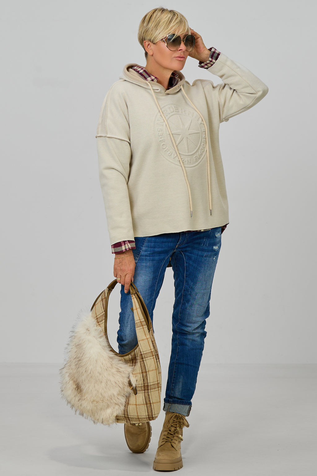 Bicolor Feinstrick Hoodie Norderney, creme-beige
