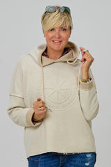 Bicolor Feinstrick Hoodie Norderney, creme-beige
